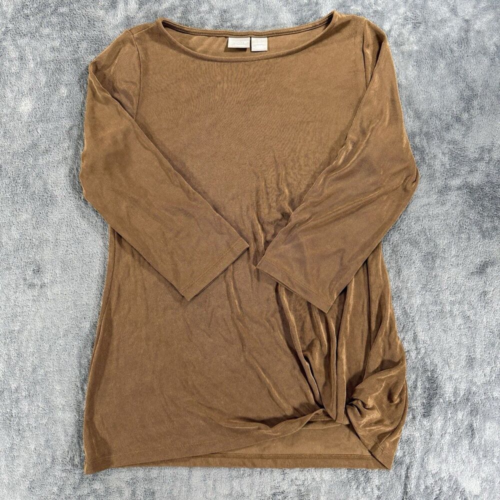 Chico’s Travelers Size 0 4/6 US Brown Soft Stretchy Top 3/4 Sleeves‎ Knot Accent